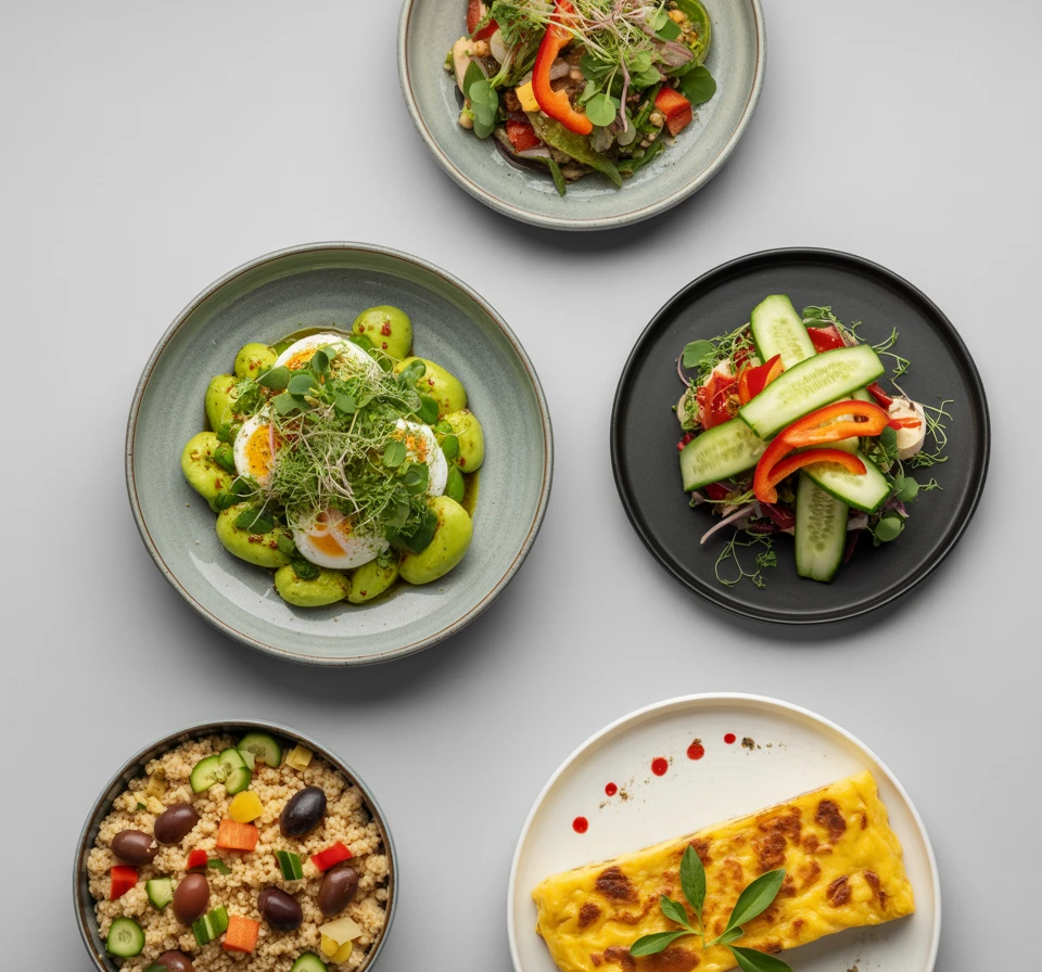 Eine Gruppe von Tellern mit verschiedenen Speisen.