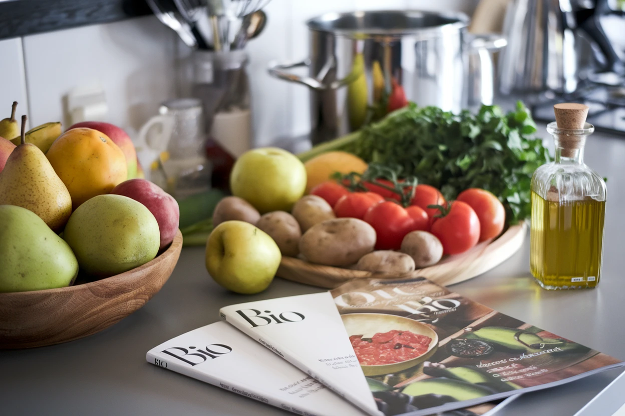 Bio Schale mit Obst und Gemüse auf einer Theke sowie ein Bio Magazin