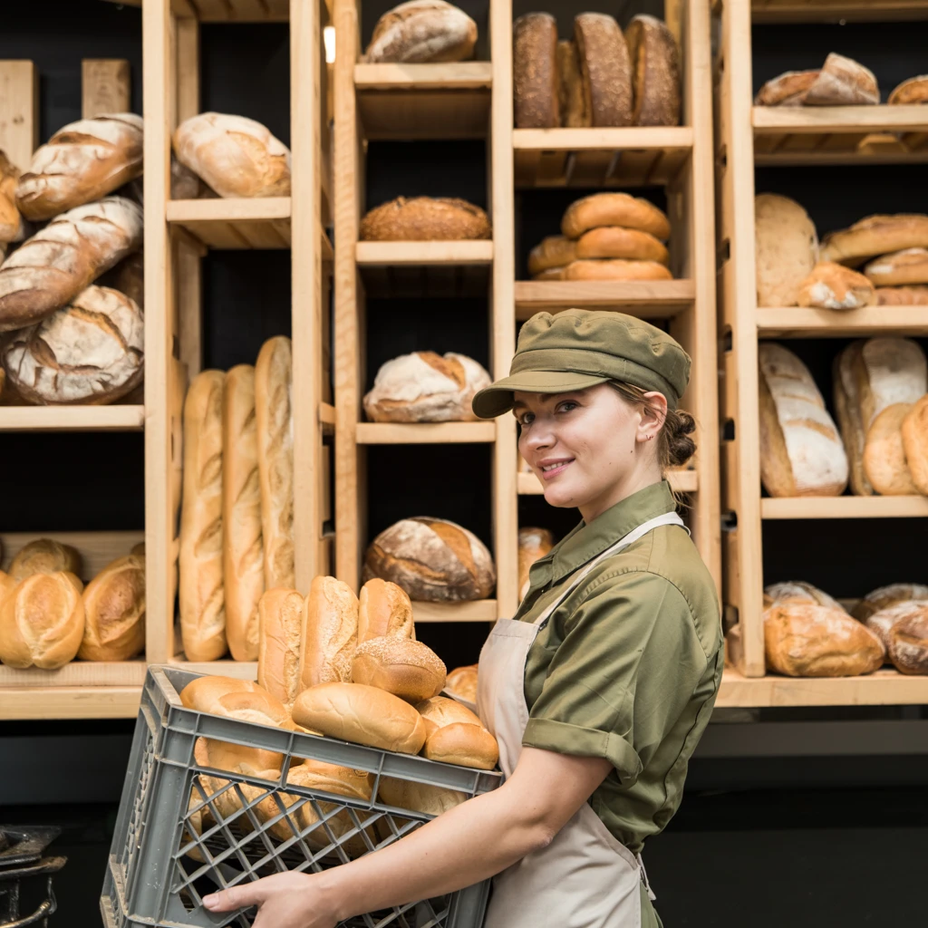 Bäckerei Eine Frau hält einen Korb mit Brot.