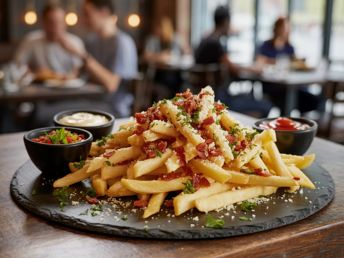 Pommes Ein Teller Pommes frites mit Saucen auf einem Tisch