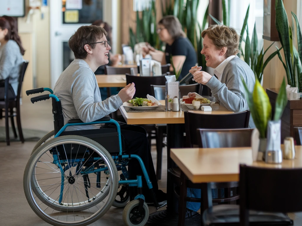 Gastronomie für alle zwei Personen im Restaurant, eine sitzt im Rollstuhl