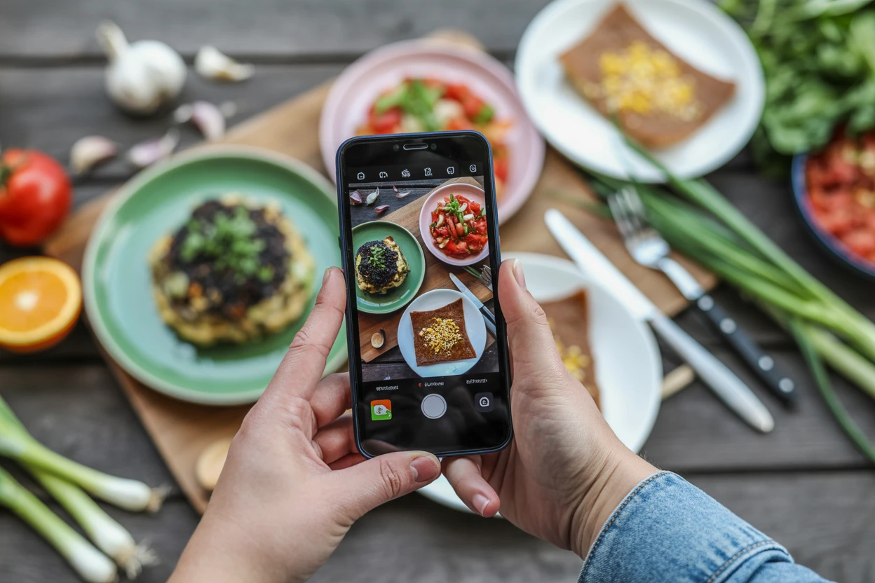 Eine Person fotografiert Essen mit einem Mobiltelefon.