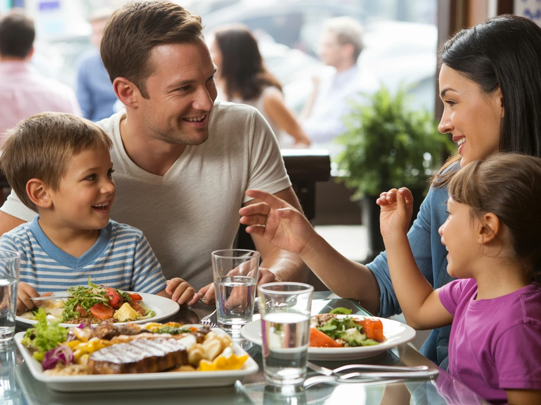 Ein Mann und eine Frau mit Kindern an einem Tisch mit Essen.