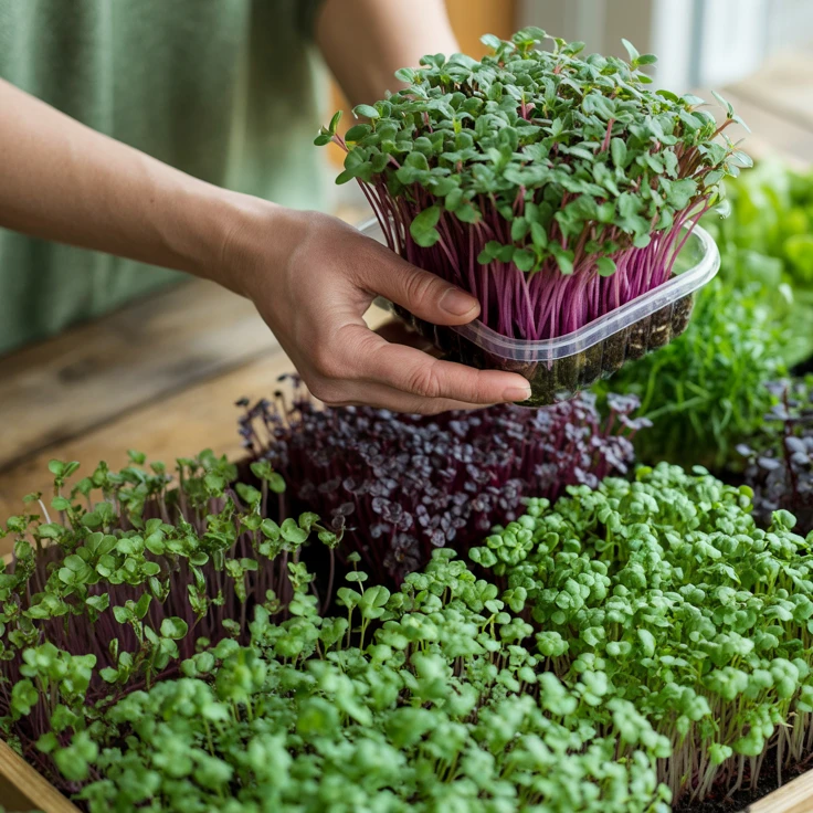 Eine Person hält einen Behälter mit Microgreens.