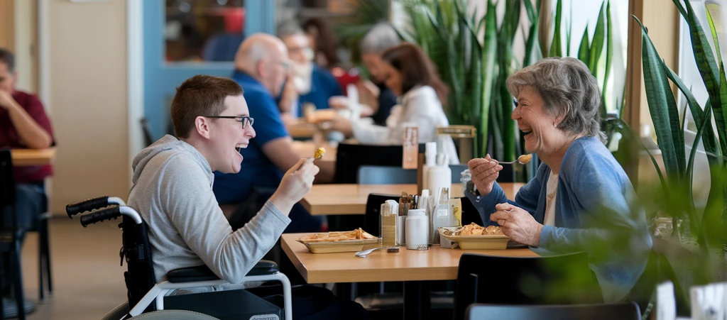 Gastronomie für alle zwei Personen im Restaurant, eine sitzt im Rollstuhl