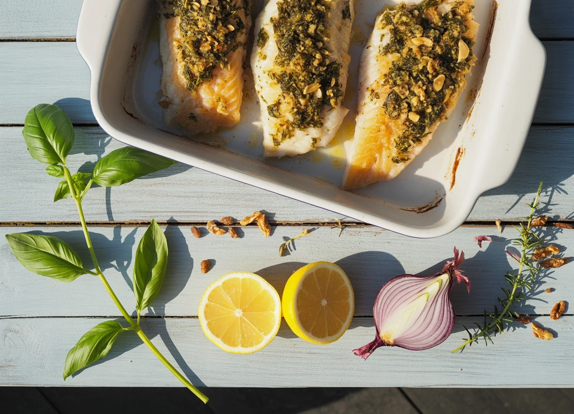 Essen in einer Pfanne mit Zitronen und Kräutern