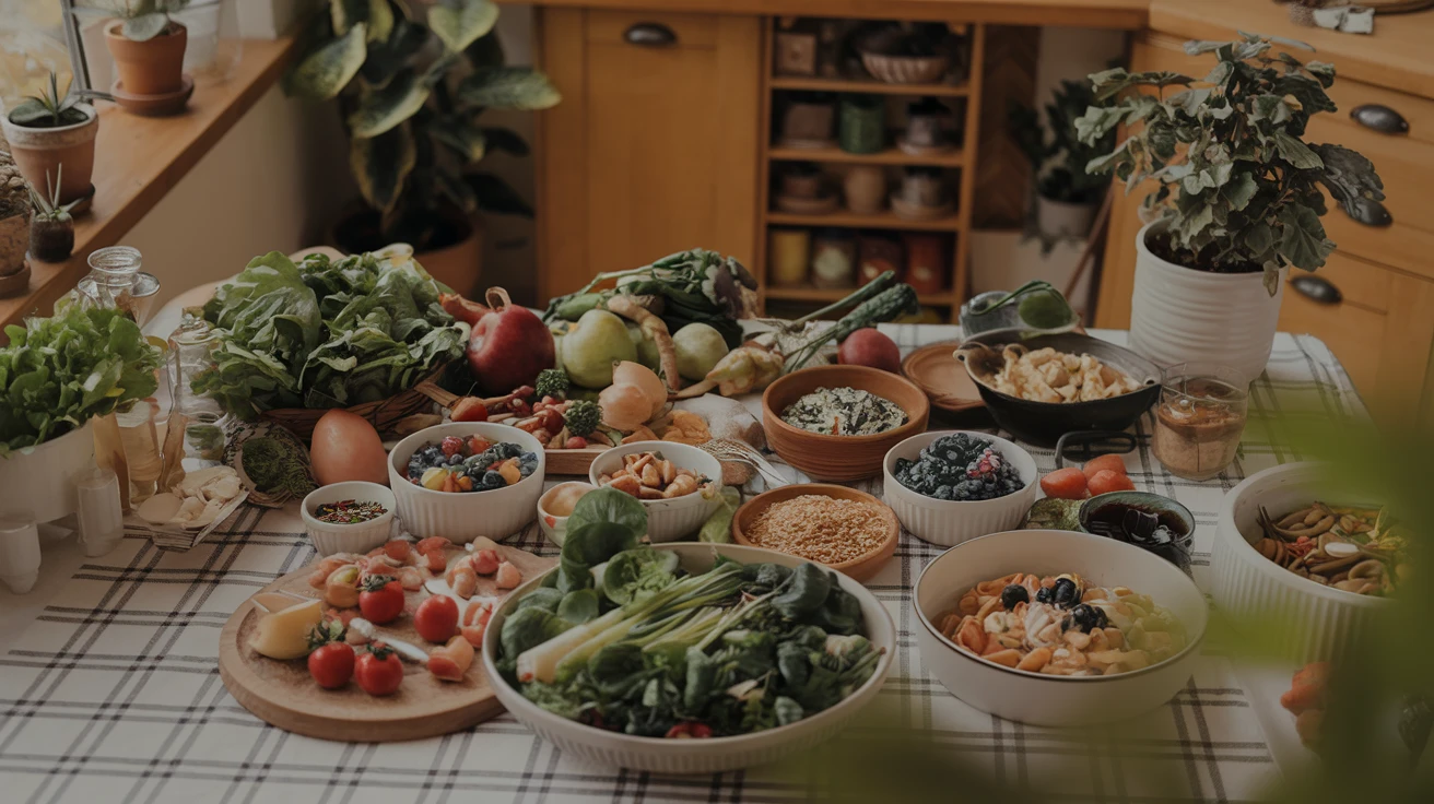 Food Foto von einem gedeckten Tisch mit vielen Speisen