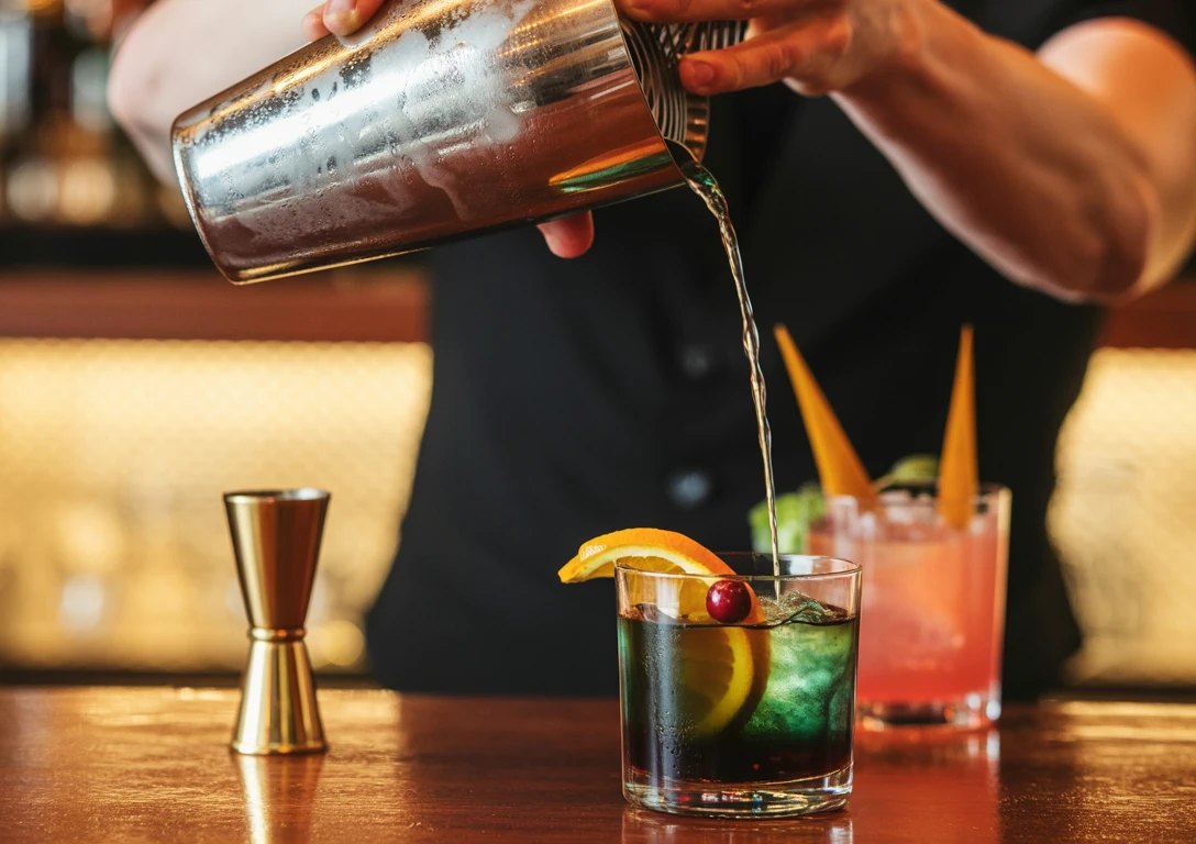 Eine Person gießt Flüssigkeit in ein Getränk ein.