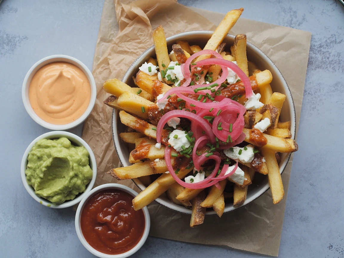 Eine Schüssel Pommes frites mit verschiedenen Saucen