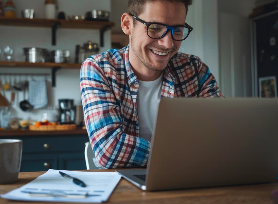 Übersicht Ein Mann lächelt vor einem Laptop.
