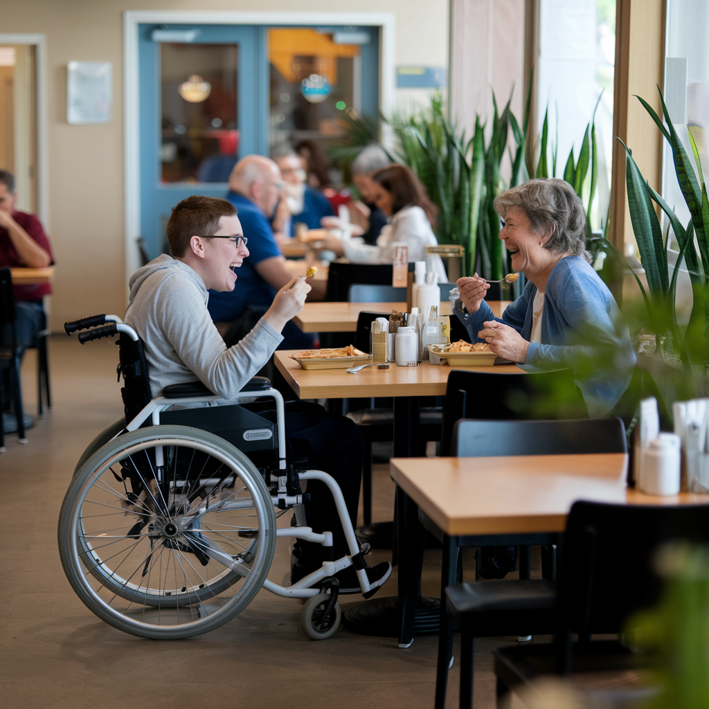 zwei Personen im Restaurant, eine sitzt im Rollstuhl