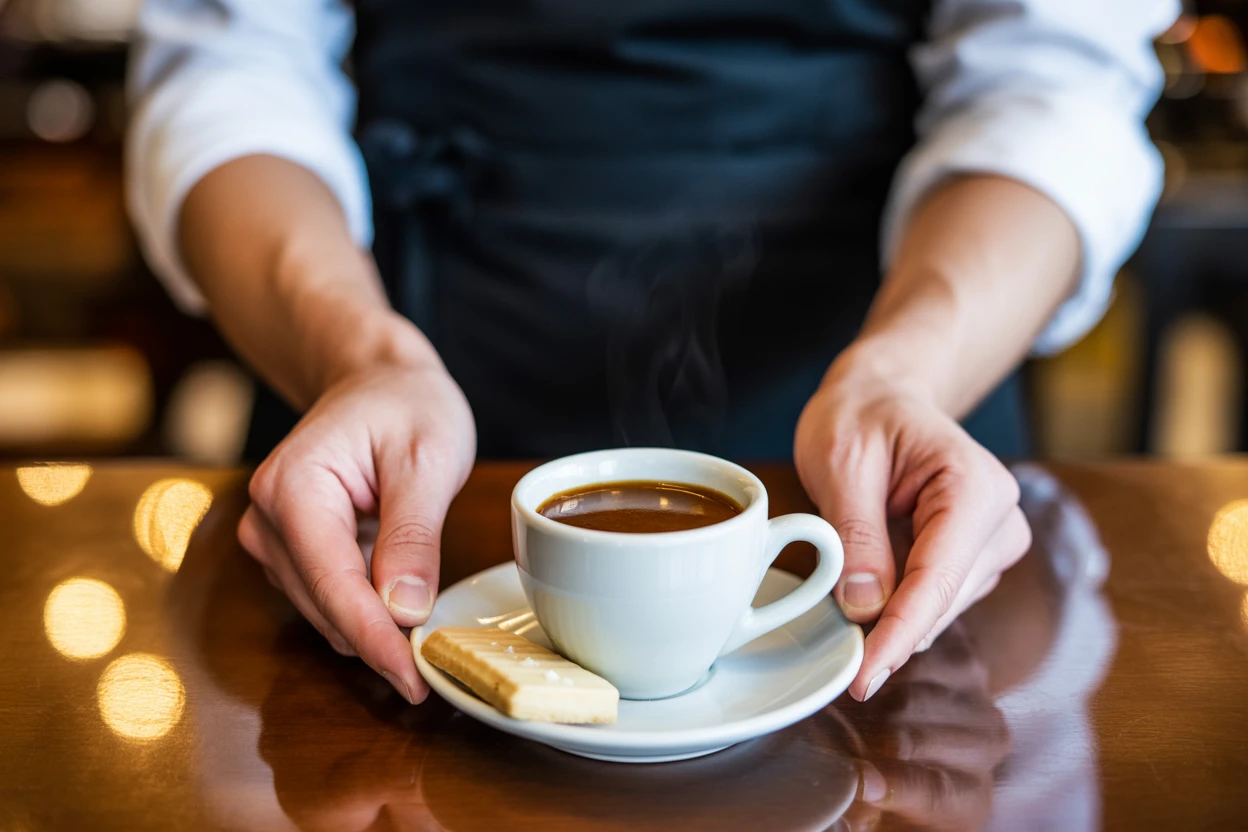 Eine Person hält eine Kaffeetasse.
