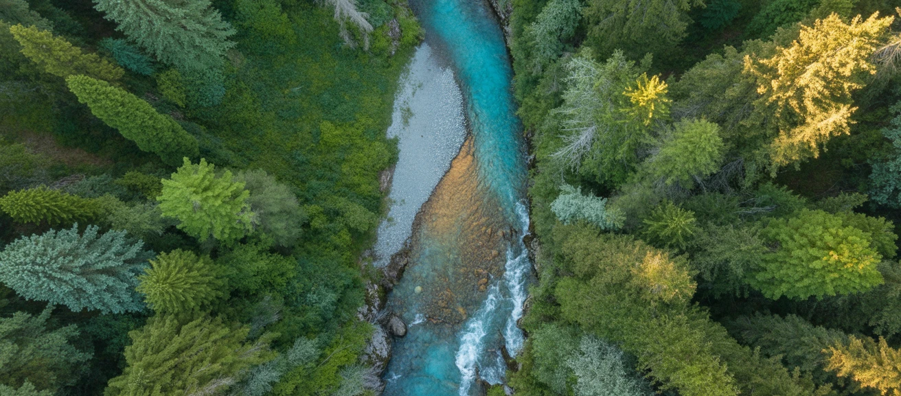 Weiterentwicklung Ein Fluss, der durch einen Wald fließt.