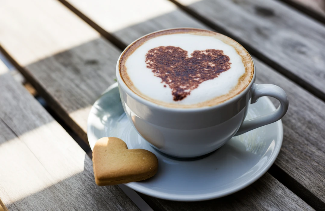 Eine Tasse Kaffee mit einem Herz aus Milchschaum.