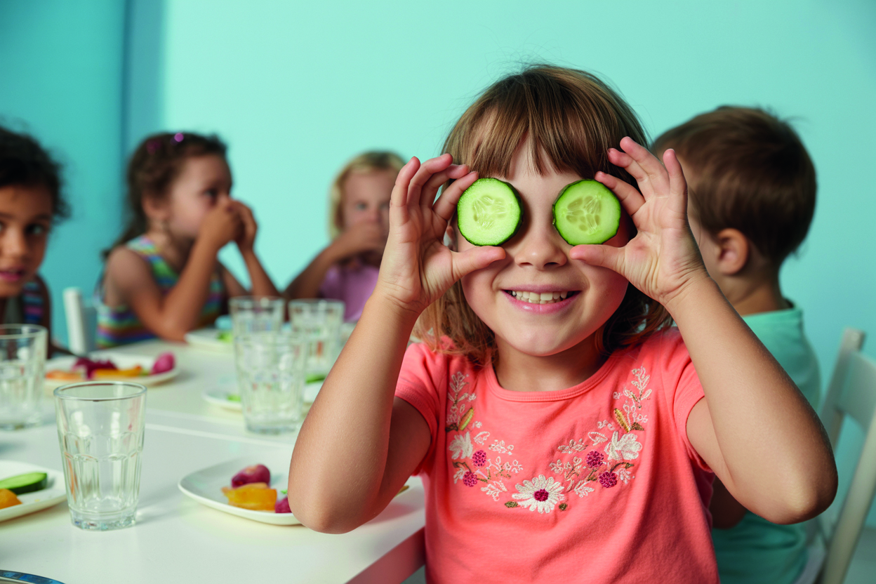 Weltkindertag Ein Mädchen hält Gurken vor ihre Augen.