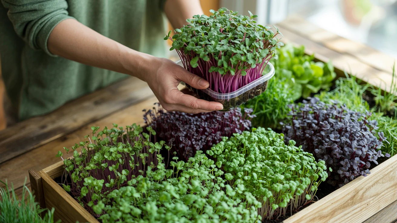Eine Person hält einen Behälter mit Pflanzen.