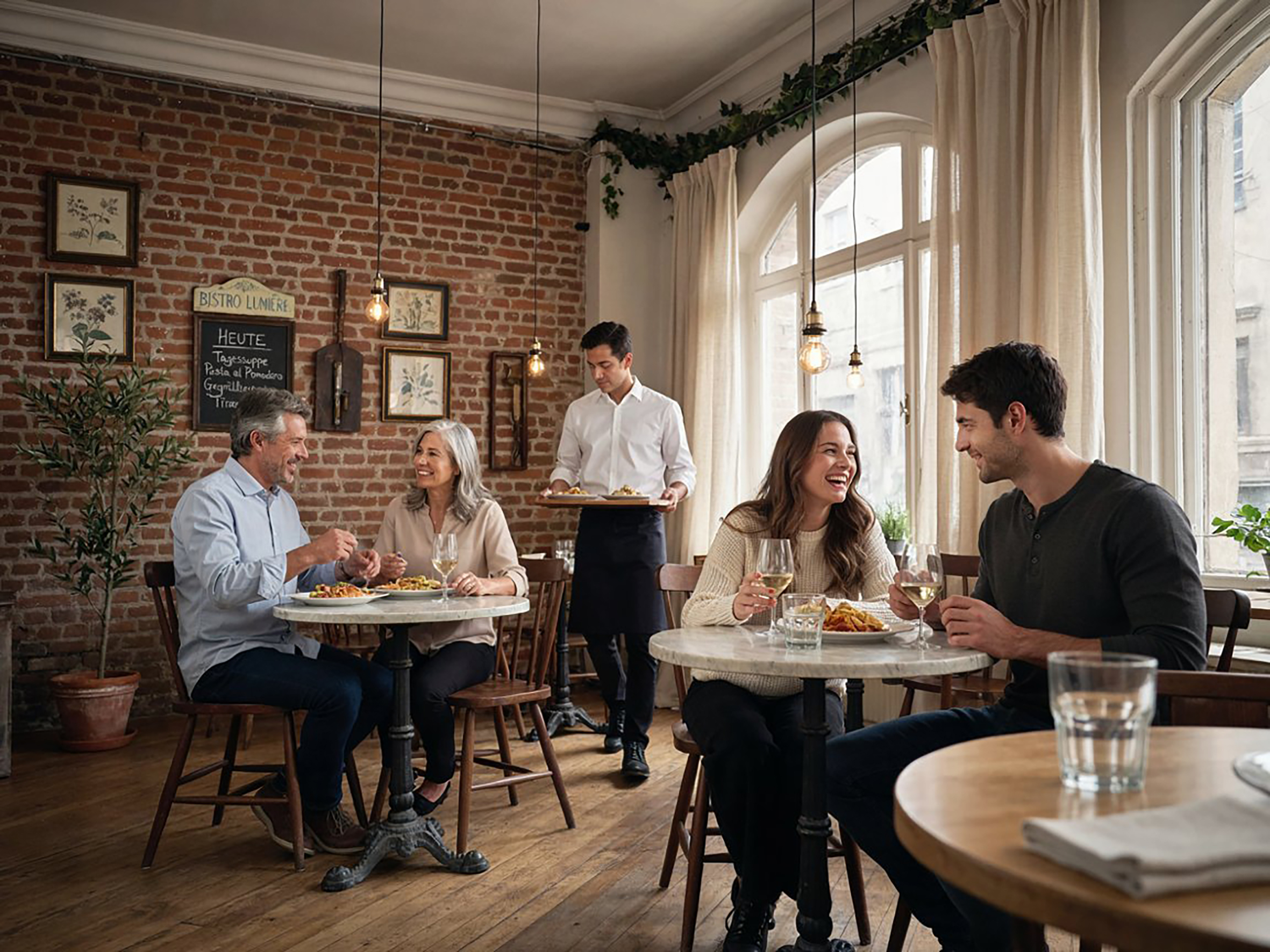 Eine Gruppe von Menschen sitzt an Tischen in einem Restaurant.