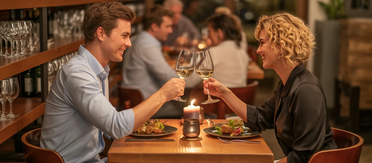Ein Mann und eine Frau sitzen an einem Tisch mit Weingläsern.
