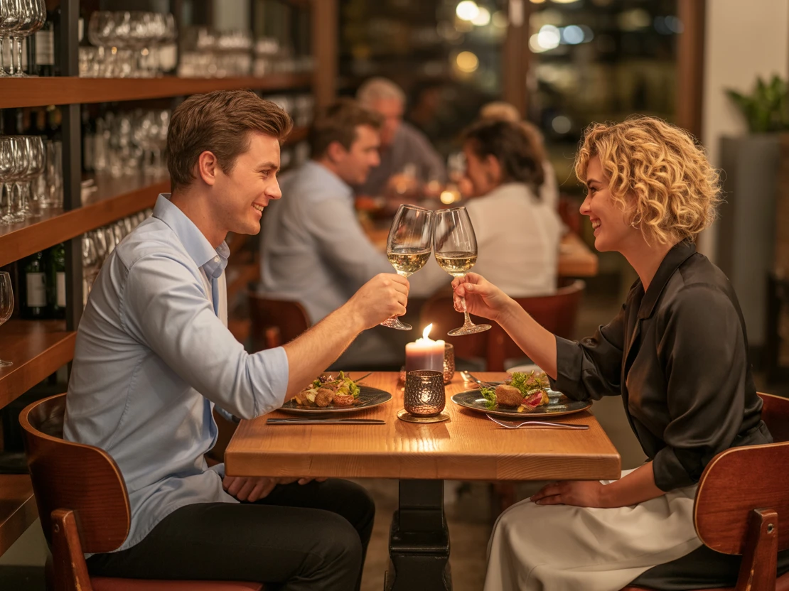 Ein Mann und eine Frau sitzen an einem Tisch mit Weingläsern.