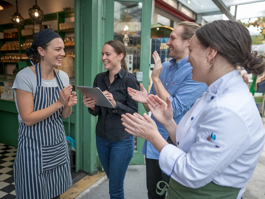 Gastronomie mit Leidenschaft Eine Gruppe von Menschen steht lächelnd vor einem Restaurant.