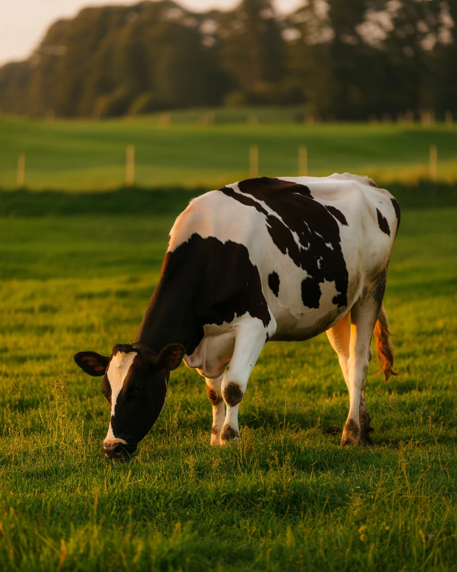 Eine Kuh weidet auf einer Wiese.