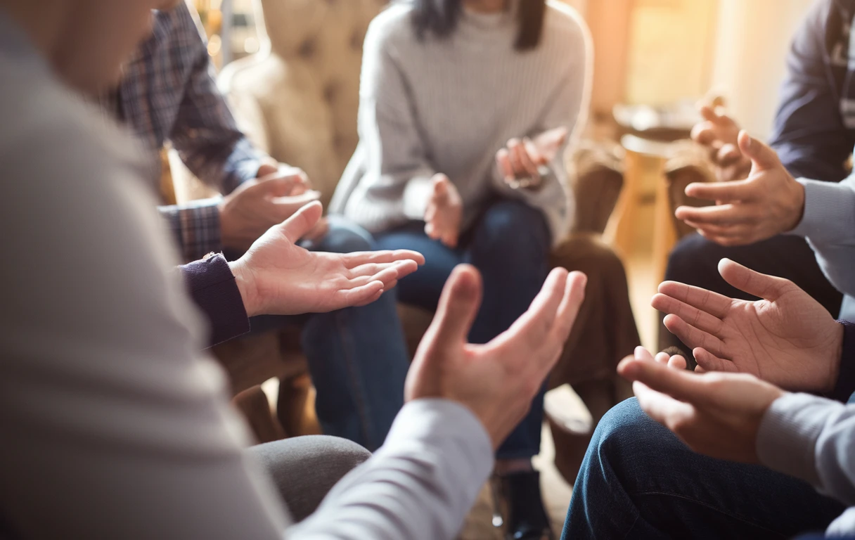 Diskussionen Eine Gruppe von Menschen sitzt im Kreis und gestikuliert mit den Händen.