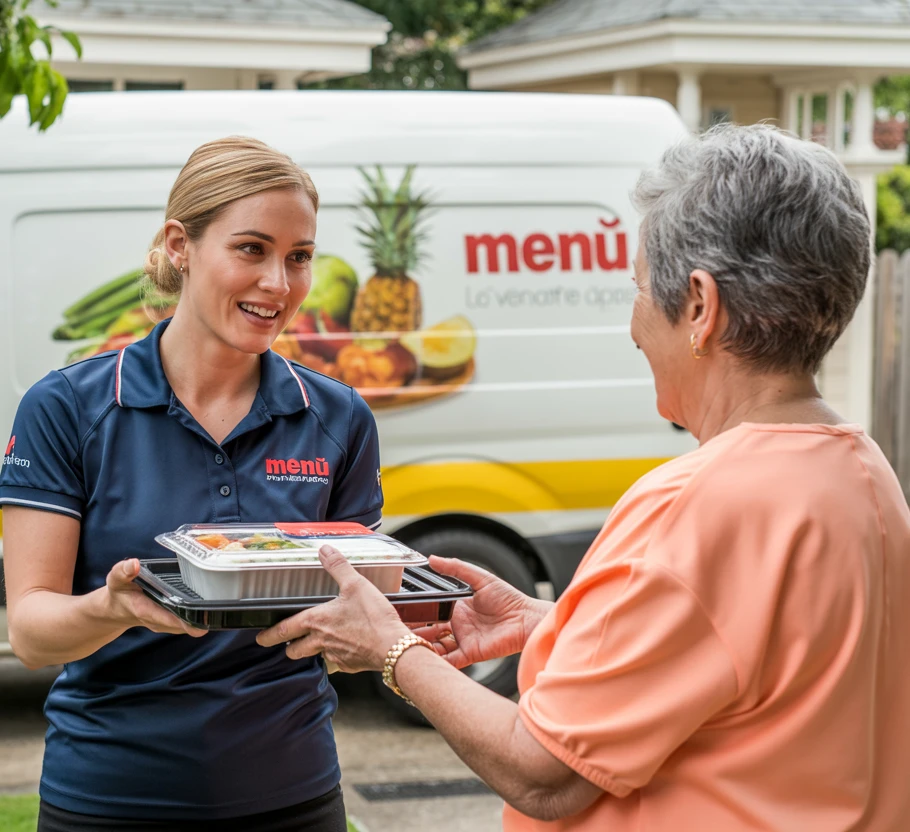 Eine Frau reicht einer anderen Frau ein Tablett mit Essen.