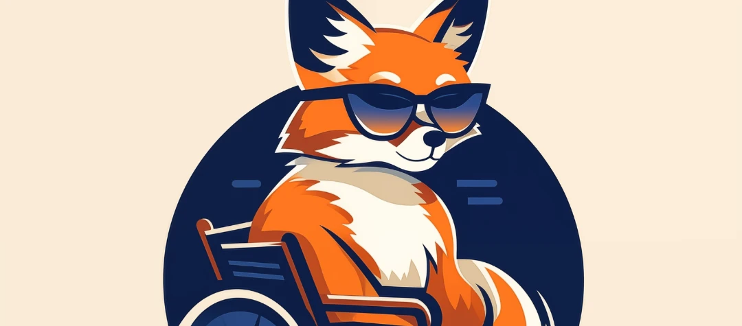 Ein Fuchs mit Sonnenbrille sitzt in einem Rollstuhl. Logo von der Beratung.