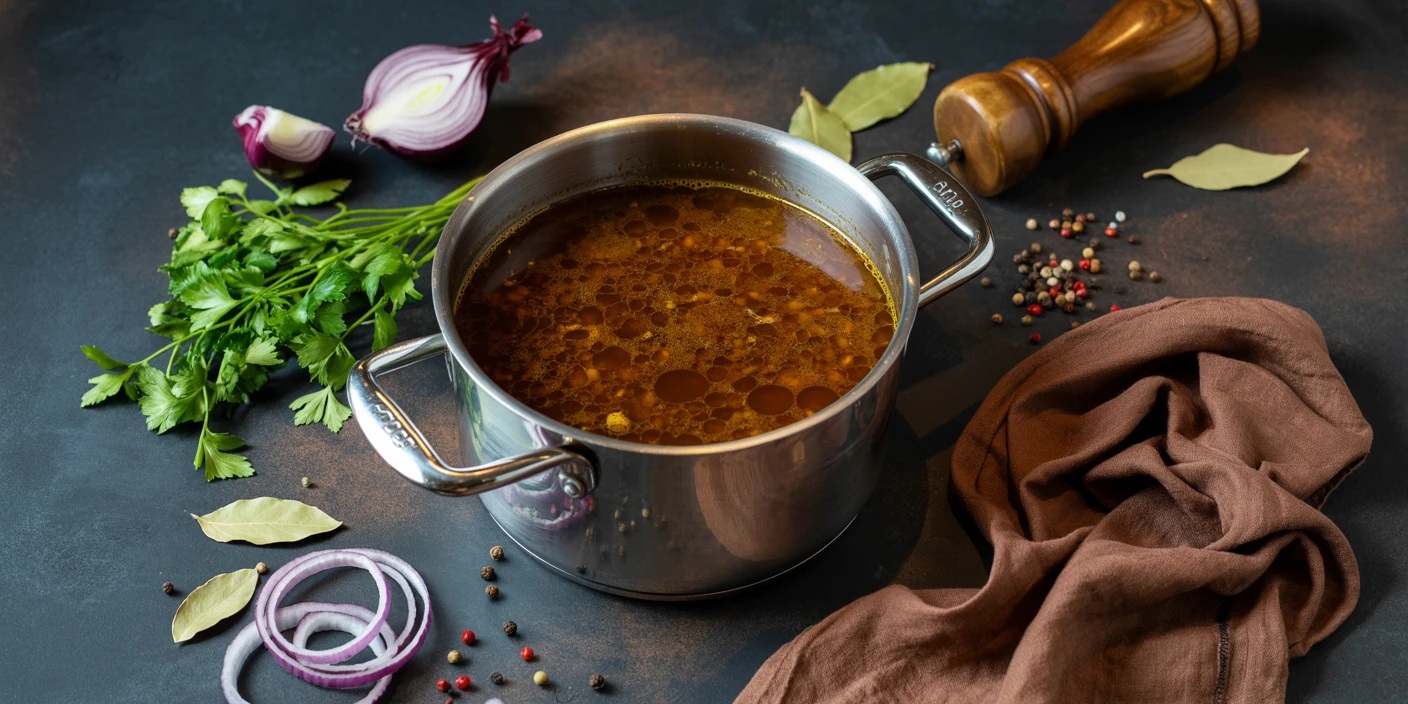 Topf mit Sauce mit Gewürzen und Zwiebeln.