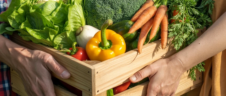 Eine Person hält eine Kiste mit Gemüse.