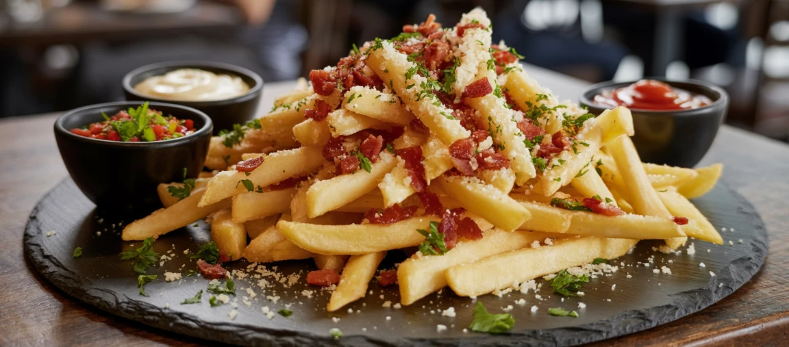 Pommes Ein Teller Pommes frites mit Saucen auf einem Tisch