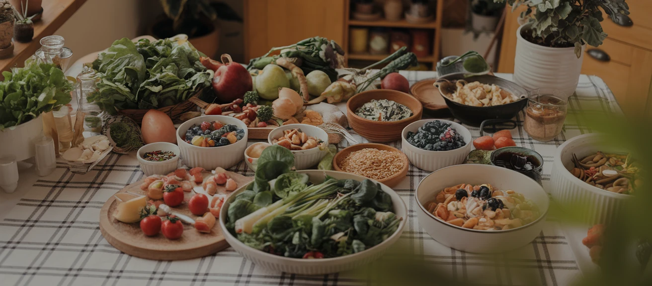 Food Gedeckter Tisch mit vielen Lebensmitteln