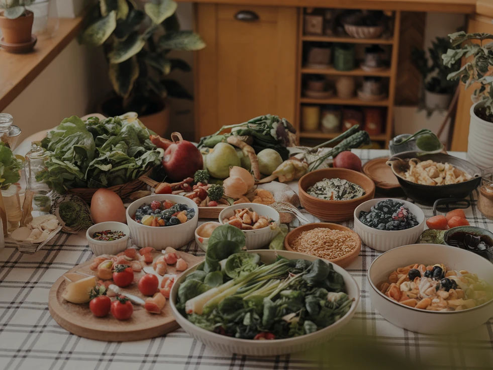 Food Gedeckter Tisch mit vielen Lebensmitteln