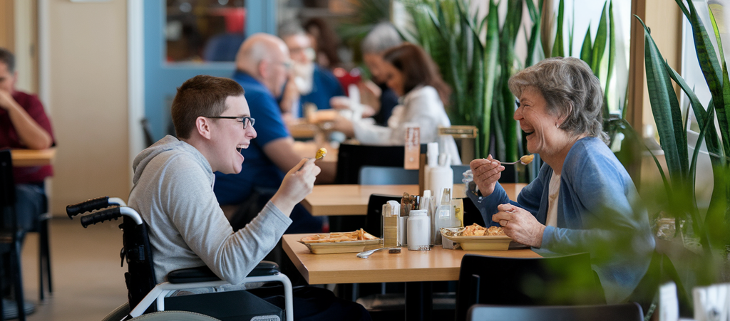 zwei Personen im Restaurant, eine sitzt im Rollstuhl