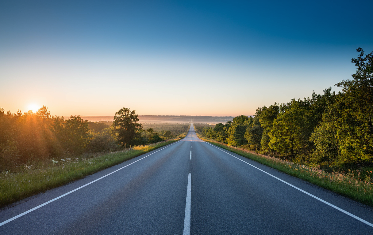 Straße und Sonne am Horizont