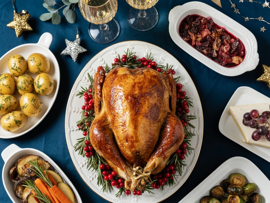 Weihnachten 2025 Ein Tisch mit verschiedenen Speisen, darunter Fleischgerichte und Beilagen.