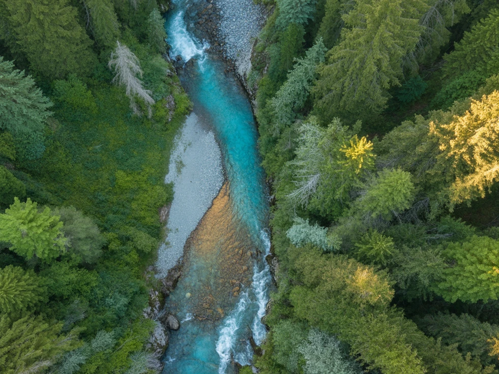 Weiterentwicklung Ein Fluss, der durch einen Wald fließt.