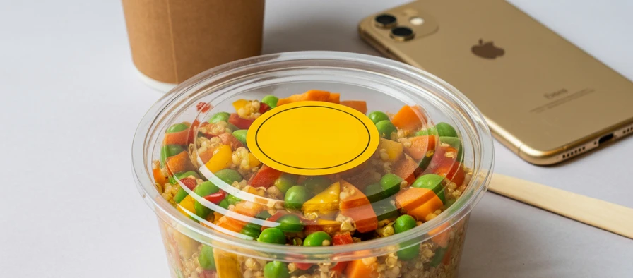 Essen in einem Plastikbehälter neben einem Telefon und einem Becher