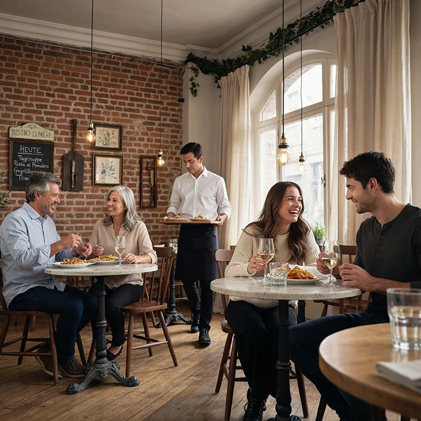 Mehr Umsatz, bessere Marge Eine Gruppe von Menschen sitzt an Tischen in einem Restaurant.