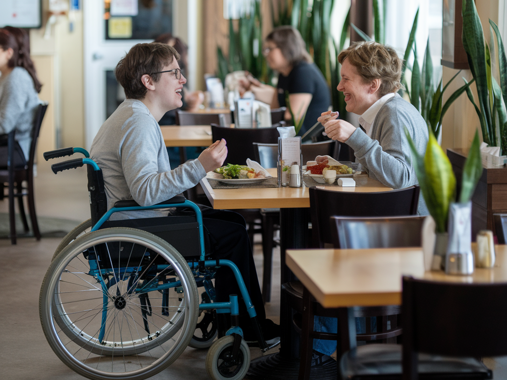 zwei Personen im Restaurant, eine sitzt im Rollstuhl