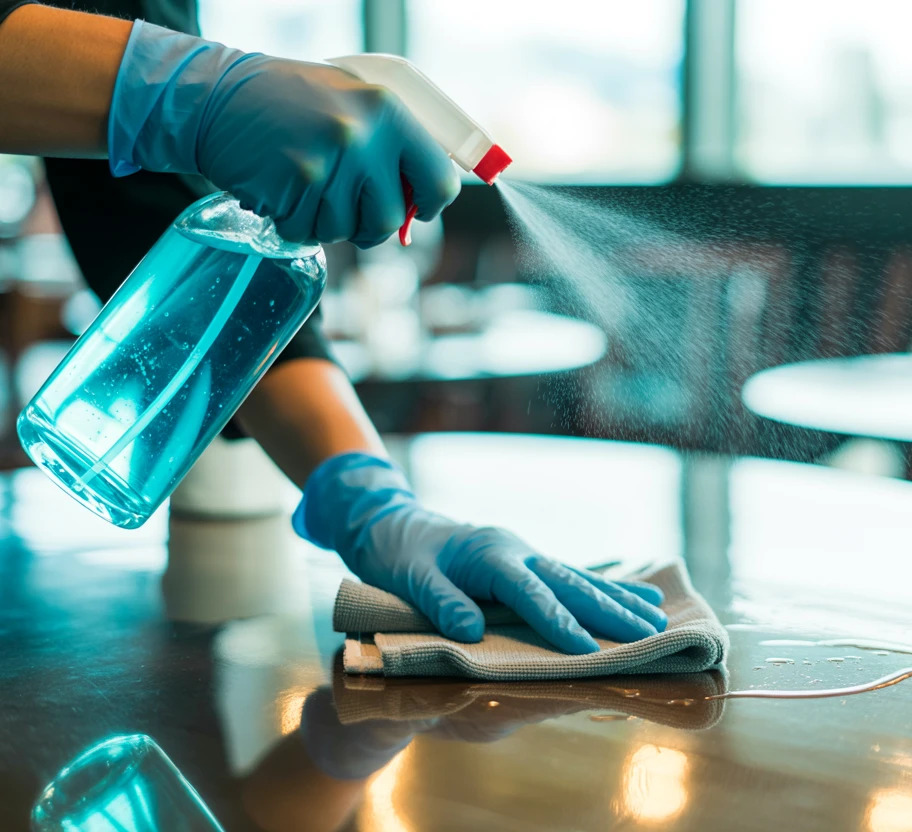 Sprühflasche und Lappen auf einem Restauranttisch