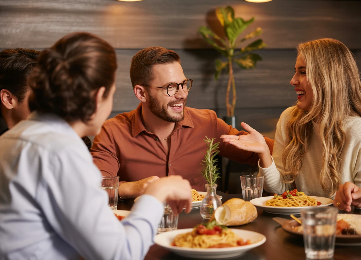 Eine Gruppe von Menschen sitzt an einem Tisch mit Essen.