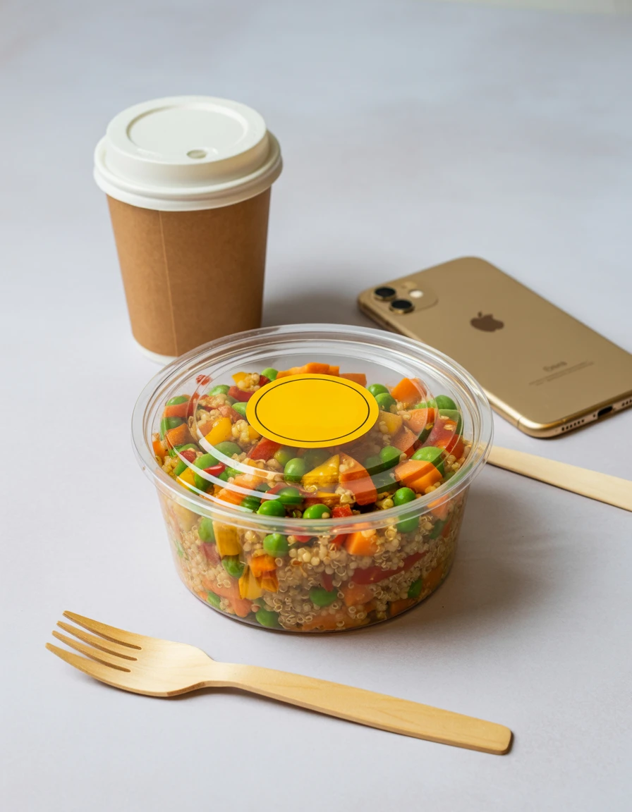 Quinoa-Salat in Plastikschale neben Smartphone