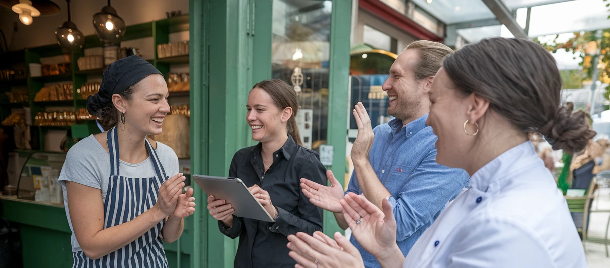 Gastronomie mit Leidenschaft Eine Gruppe von Menschen steht lächelnd vor einem Restaurant.