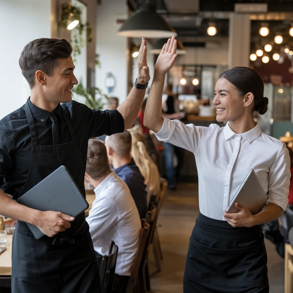 Impustag Ein Kellner und eine Kellnerin geben sich ein High-Five