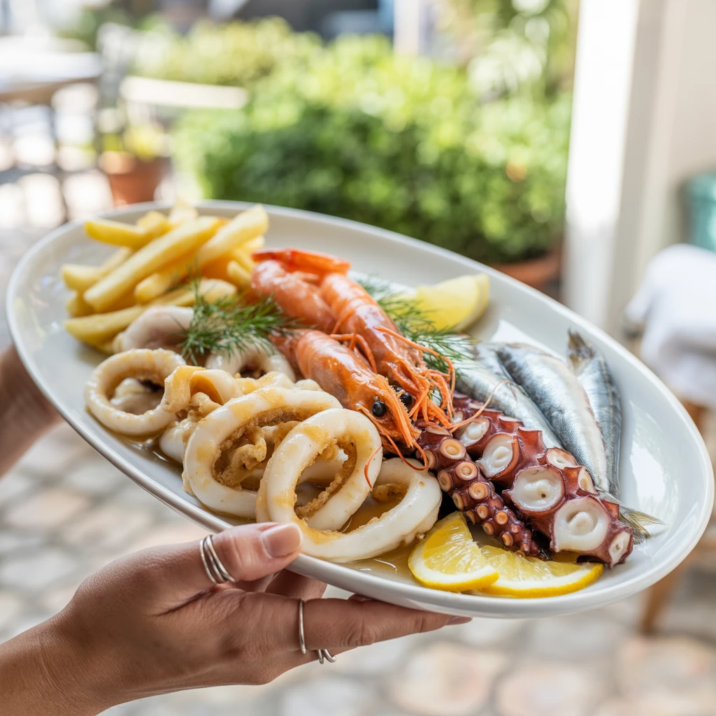 Ein Teller mit Meeresfrüchten und Pommes Frites.