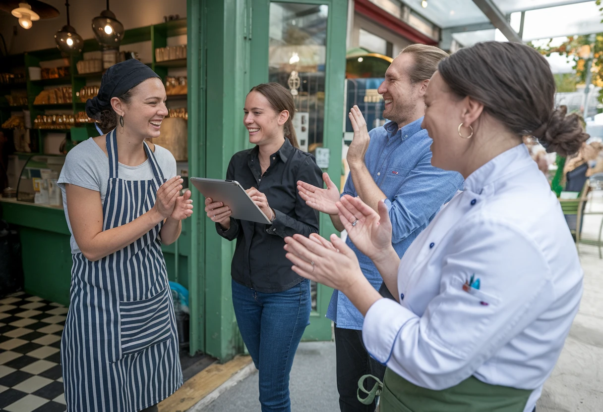Eine Gruppe von Menschen steht vor einem Restaurant.