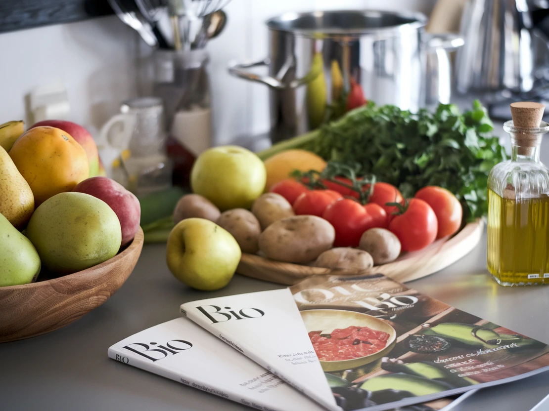 Eine Schale mit Obst und Gemüse auf einer Theke